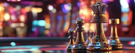 Polished metallic chess pieces stand on a glossy board, reflecting vibrant neon lights from a blurred, cinematic casino background.
