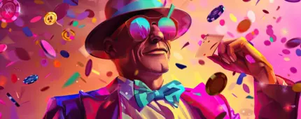 Illustration of a stylish man in a hat and reflective sunglasses, smiling amidst an explosion of flying poker chips, confetti, and playing cards.