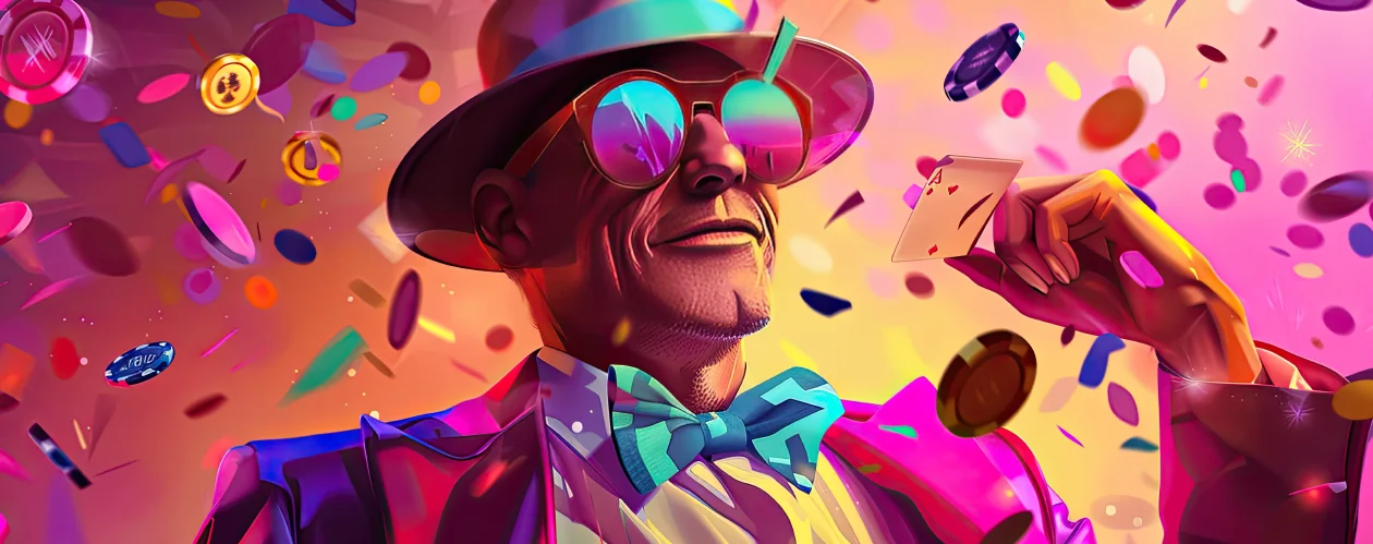 Illustration of a stylish man in a hat and reflective sunglasses, smiling amidst an explosion of flying poker chips, confetti, and playing cards.