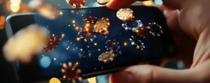 A close-up shot of hands holding a smartphone with gold and black casino chips floating and glowing over the screen.