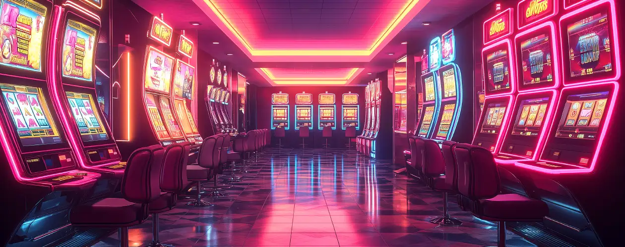 A modern casino floor lined with rows of glowing, brightly lit neon slot machines.