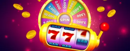 A vibrant, colorful graphic featuring a spinning prize wheel and a golden slot machine displaying 