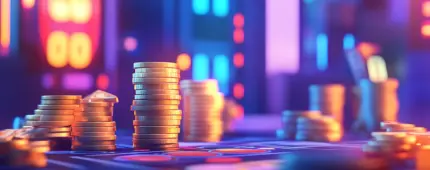 Stacks of gold coins on a surface against a vibrant, neon-lit casino cityscape.