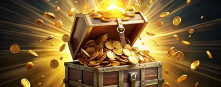 An open wooden treasure chest overflowing with glowing gold coins under a brilliant burst of light and radiating sunbeams.