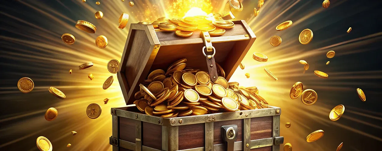 An open wooden treasure chest overflowing with glowing gold coins under a brilliant burst of light and radiating sunbeams.