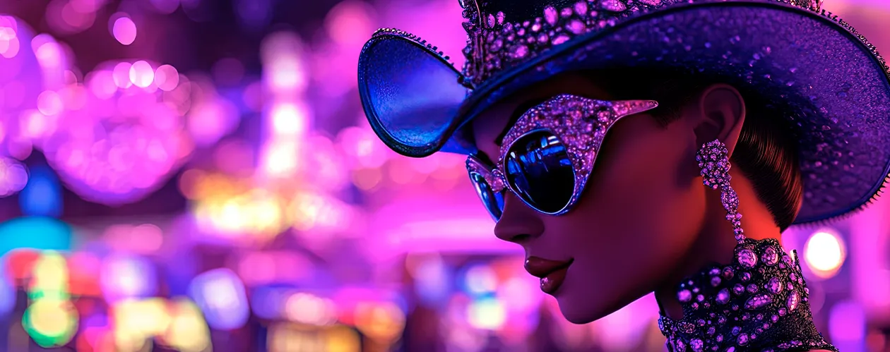 Side profile of a glamorous woman wearing silver rhinestone sunglasses, long diamond drop earrings, a sparkling diamond cowboy hat, and a diamond choker, set against a blurred pink neon Las Vegas-style background.