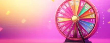 A vibrant, multi-colored prize wheel stands against a pink and yellow background with floating confetti.