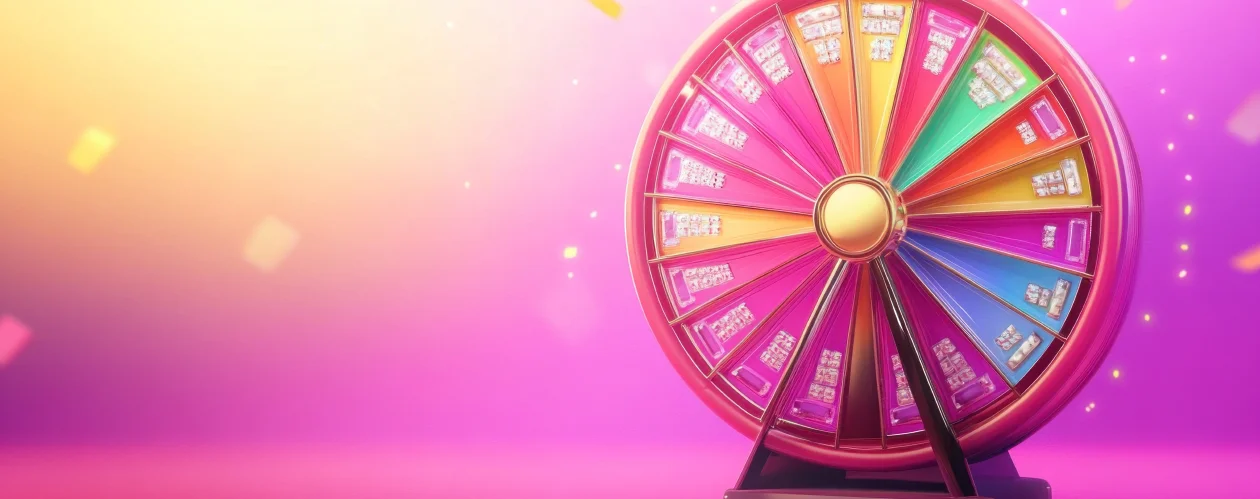 A vibrant, multi-colored prize wheel stands against a pink and yellow background with floating confetti.