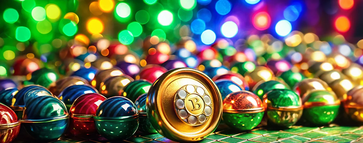 Shimmering, multicolored balls in vibrant hues, with one gold ball standing upright in the center, engraved with the letter