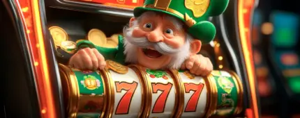 Slot machine showing 777 with clover theme and a happy leprechaun popping out of the reels, surrounded by gold coins