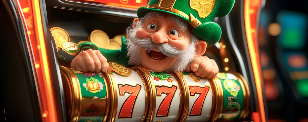 Slot machine showing 777 with clover theme and a happy leprechaun popping out of the reels, surrounded by gold coins