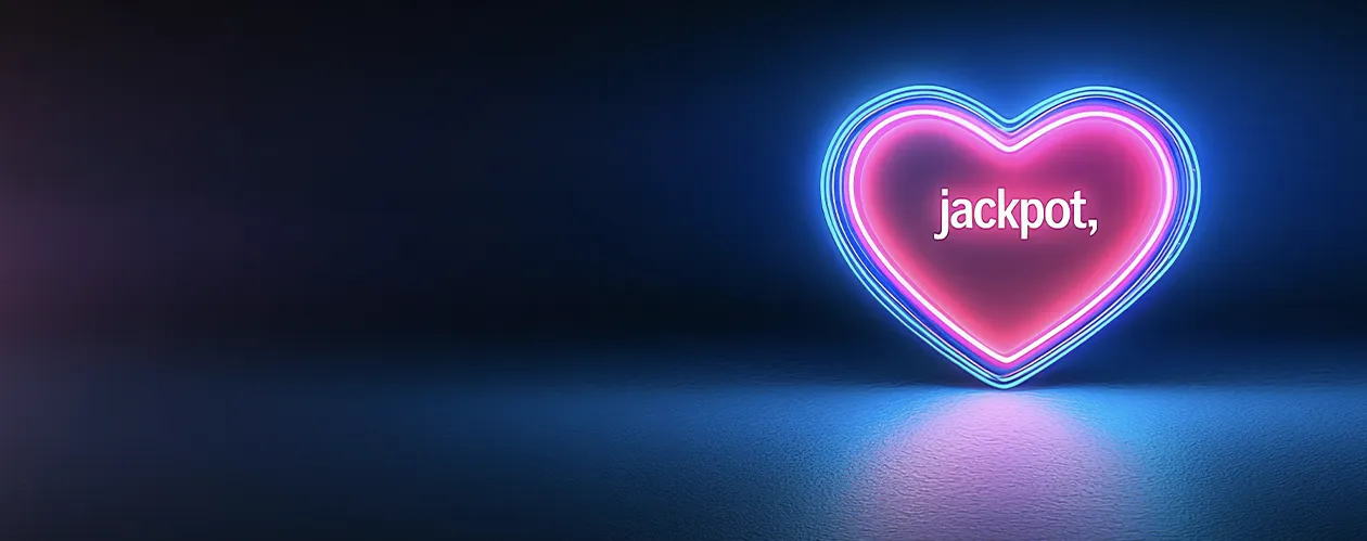 Neon heart glowing in pink and blue against a dark background, with the word “Jackpot” illuminated inside the heart.