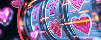 Neon pink slot machine with two pink hearts flying around and heart symbols on the reels, including pink number 7’s inside the spinning reels.