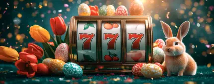 Easter bunny with 777 slot reels, colorful tulips, and speckled eggs on confetti-filled dark background