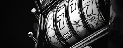 Side view of a black and white slot machine showing sevens on different reels, along with BAR symbols, and classic fruit icons.