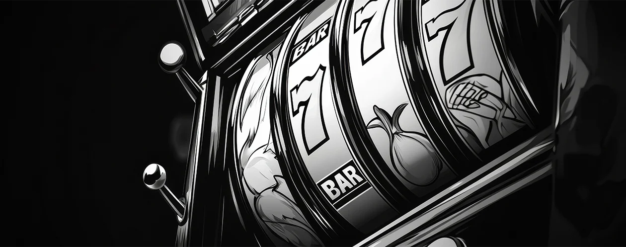 Side view of a black and white slot machine showing sevens on different reels, along with BAR symbols, and classic fruit icons.