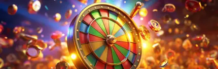Roulette wheel with yellow beams behind and coins flying around