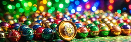 Shimmering, multicolored balls in vibrant hues, with one gold ball standing upright in the center, engraved with the letter 