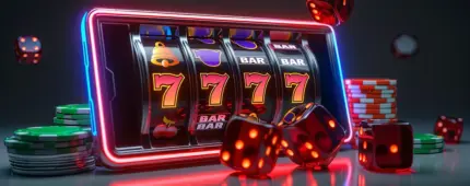 Mobile phone with red and blue neon trim displaying 7777 on reels, three dice in front and falling in background, with green and red chips scattered behind.