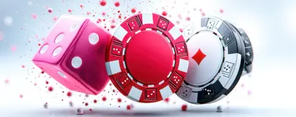 A simple, classy composition featuring red dice, a red poker chip, and a black chip on a clean white background, with soft red bubbles adding a subtle decorative touch.