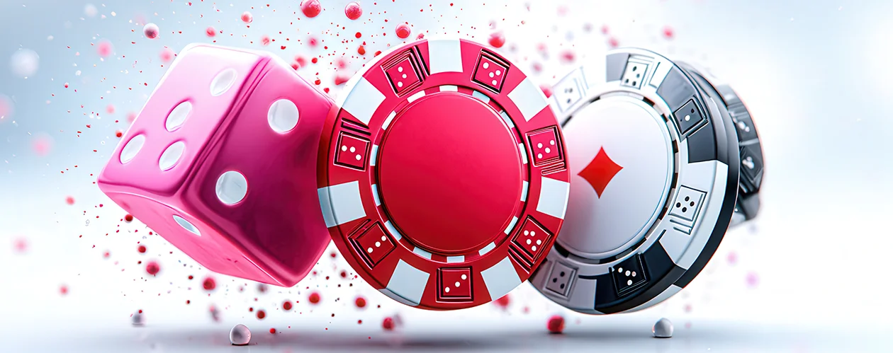 A simple, classy composition featuring red dice, a red poker chip, and a black chip on a clean white background, with soft red bubbles adding a subtle decorative touch.