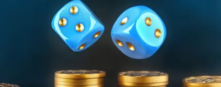 Turquoise dice with gold numbers, flying above a pile of gold coins against a black background.
