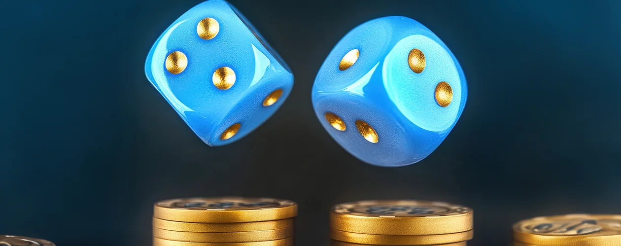 Turquoise dice with gold numbers, flying above a pile of gold coins against a black background.