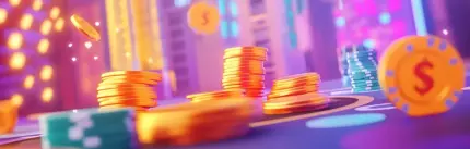 Brightly colored image of a Las Vegas-themed scene with casino chips flying in the air and scattered on a table, each marked with a dollar sign.