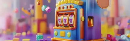 Animated blue slot machine with pastel colors, surrounded by gold coins, purple dice, and colorful casino chips. The scene has a playful and fun vibe.