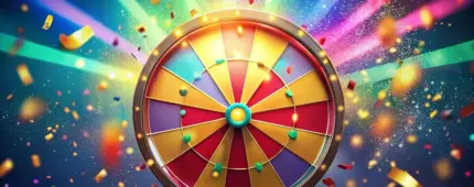 Colorful roulette wheel with yellow, blue, red, and purple lines, surrounded by neon lighting and confetti flying around it.