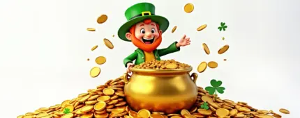 Leprechaun with an orange beard behind a pot of gold with falling coins and clovers growing from them.
