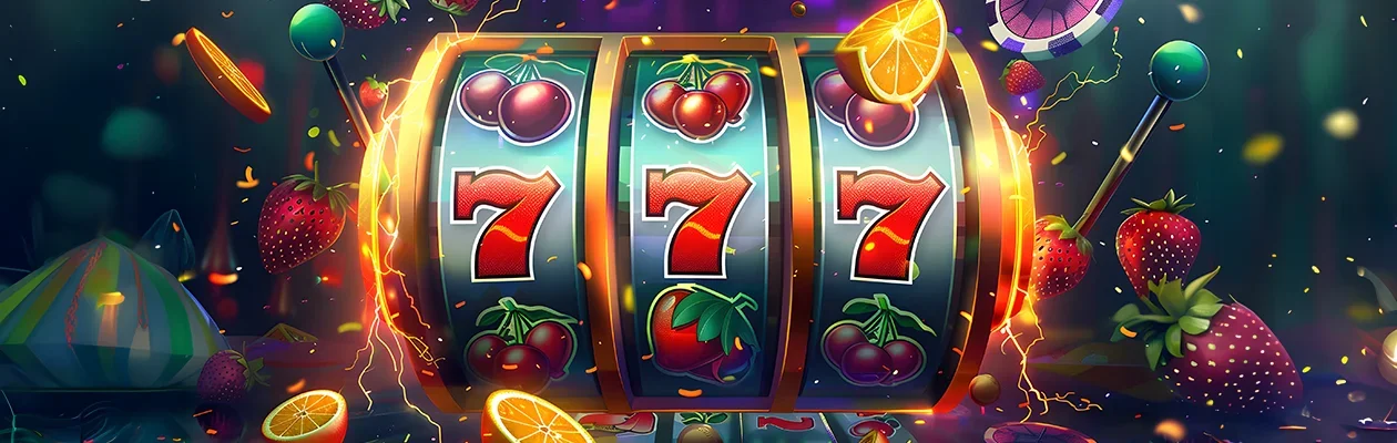 Image of a 777 slot machine with classic fruit reels, featuring symbols like cherries, lemons, oranges, and the iconic lucky 7’s