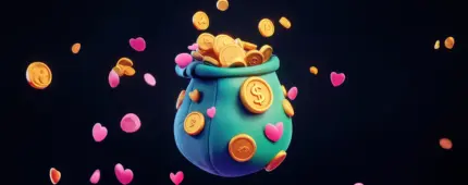 A fun animated bag overflowing with gold coins, decorated with pink hearts and coin symbols, set against a black background with flying hearts and coins.
