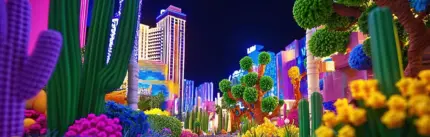 Colorful neon-lit scene of Las Vegas at night, featuring iconic hotel signs, glowing cactuses, and vibrant flowers under a dark sky.