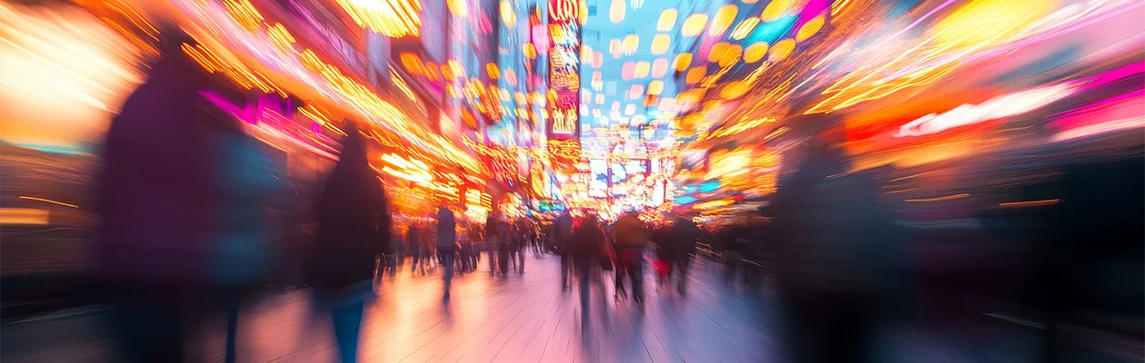 Blurred photo of a vibrant Las Vegas street at night, filled with colorful lights, neon signs, and crowds of people.
