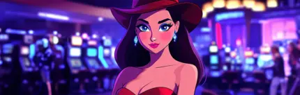 Animated woman with a stylish hat and beautiful features standing in a casino at night, with glowing slot machines and people in the background