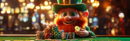 A leprechaun sitting at a casino table, holding poker chips in his hand. The casino environment is filled with bright lights and various gaming machines in the background