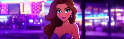 Animated woman with a stylish hat and beautiful features standing in a casino at night, with glowing slot machines and people in the background