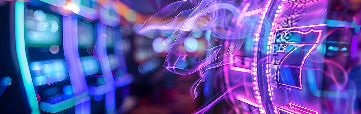 A stylized casino slot machine display featuring the number seven in a vibrant purple tone, with wisps of smoke swirling around it, creating a sense of excitement and thrill.
