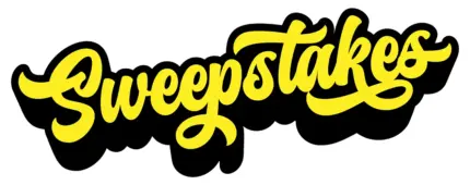 Yellow cursive “Sweepstakes” text with a thick black shadow or outline on a white background.