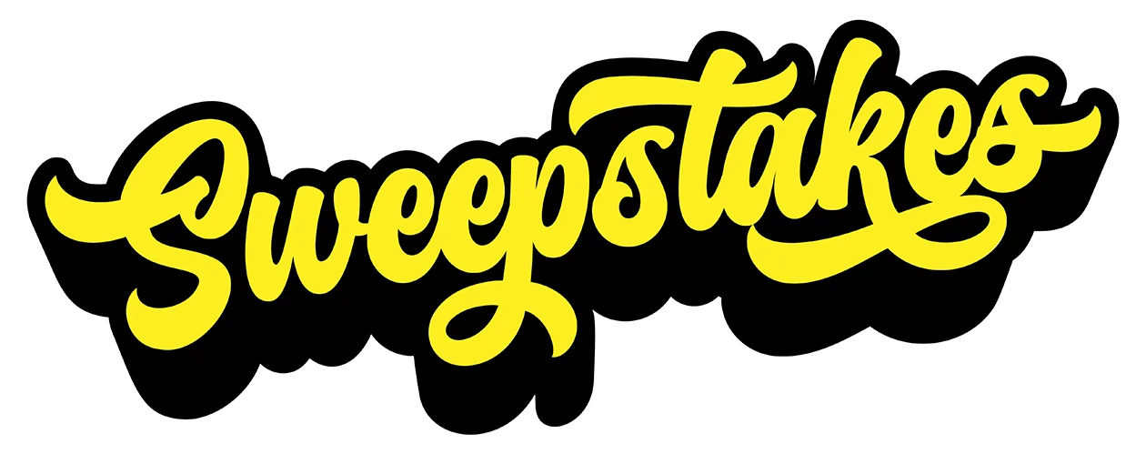 Yellow cursive “Sweepstakes” text with a thick black shadow or outline on a white background.
