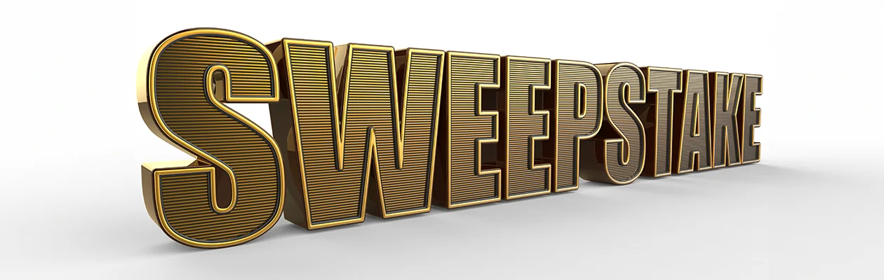 An image featuring bold, thick gold lettering that spells out 'Sweepstake' on a white background