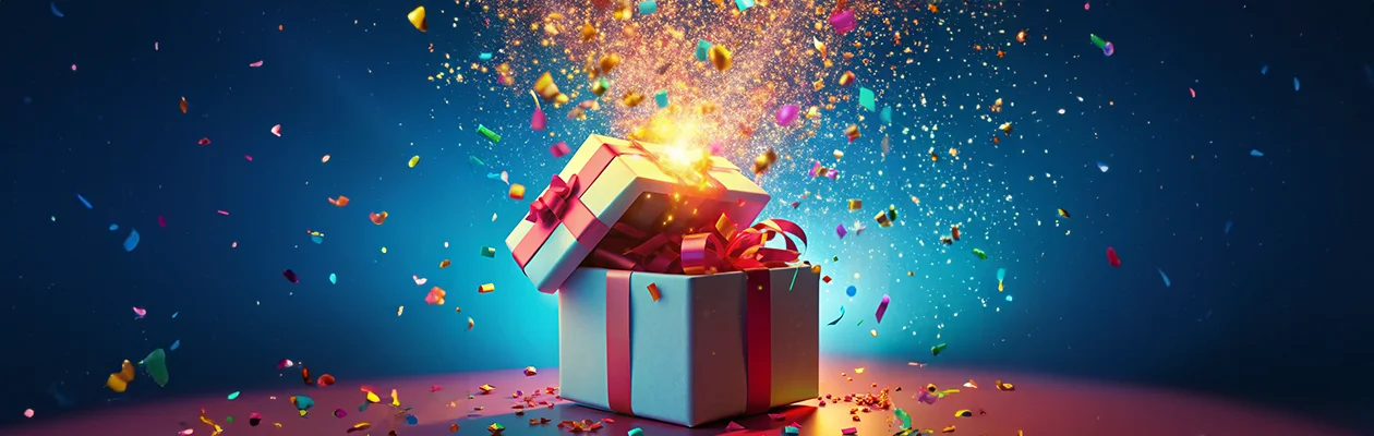 A half-open blue present with a pink ribbon sits against a bright blue background. Confetti is flying out of the box in all directions, and soft lights around it make the whole scene feel fun, thrilling and festive.