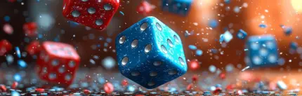 Red and blue dice falling through the air with colorful confetti on a blurred background.