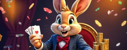 Animated bunny in a red bow tie and blue jacket holding three aces, with casino chips flying and four neat stacks of gold coins beside him