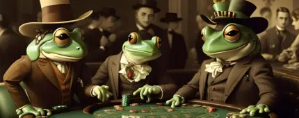 Three animated frogs wearing 1950s-style suits and hats playing blackjack at a casino table with poker chips. Evoking old American vibes.
