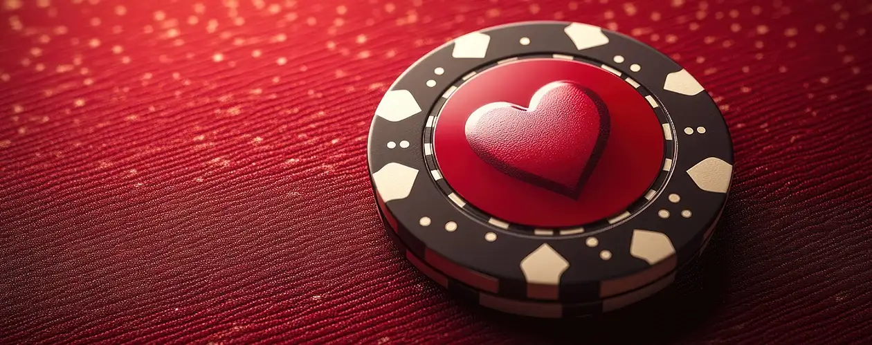 Black and white casino chip with red circle and embossed heart on red background