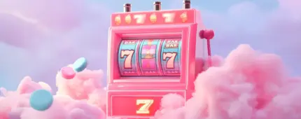 Pink slot machine with pink clouds and a pastel blue background. A red number 7 is shown on the left and far right of the reels, which are still spinning in the center.