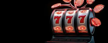 Slot machine with a black background, showing triple red 777s across three reels, surrounded by red leaf-style decorations at the top.