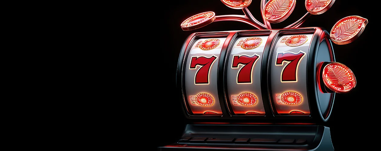 Slot machine with a black background, showing triple red 777s across three reels, surrounded by red leaf-style decorations at the top.